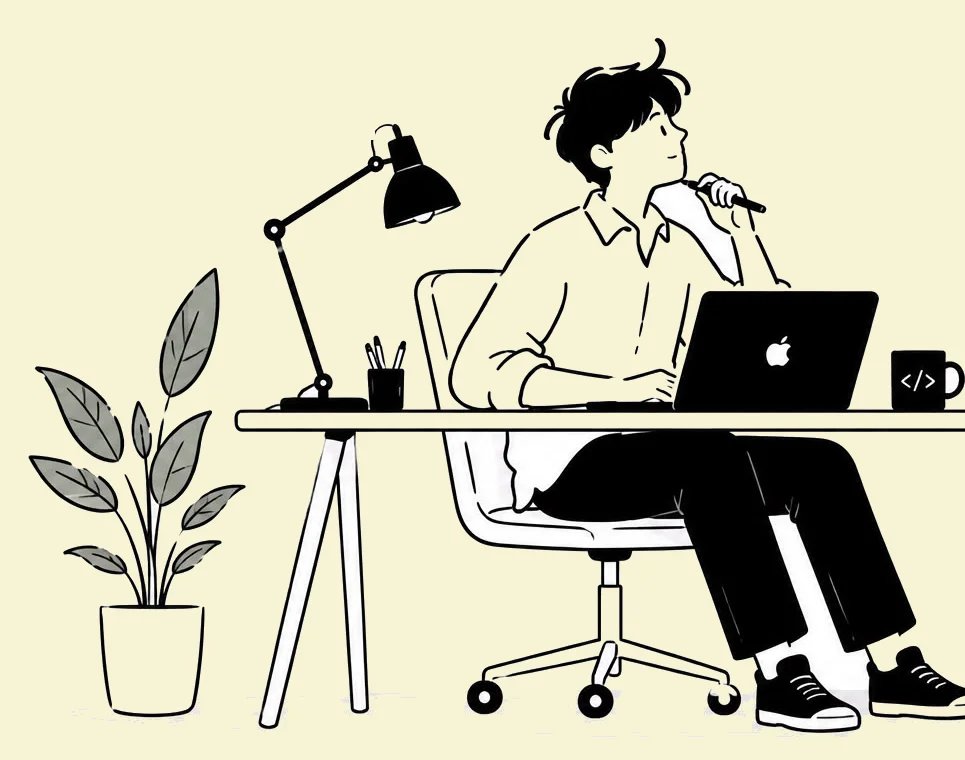 Line-art of Siddh at his desk — pen to his chin, thinking, a laptop open, a desk lamp and a plant nearby