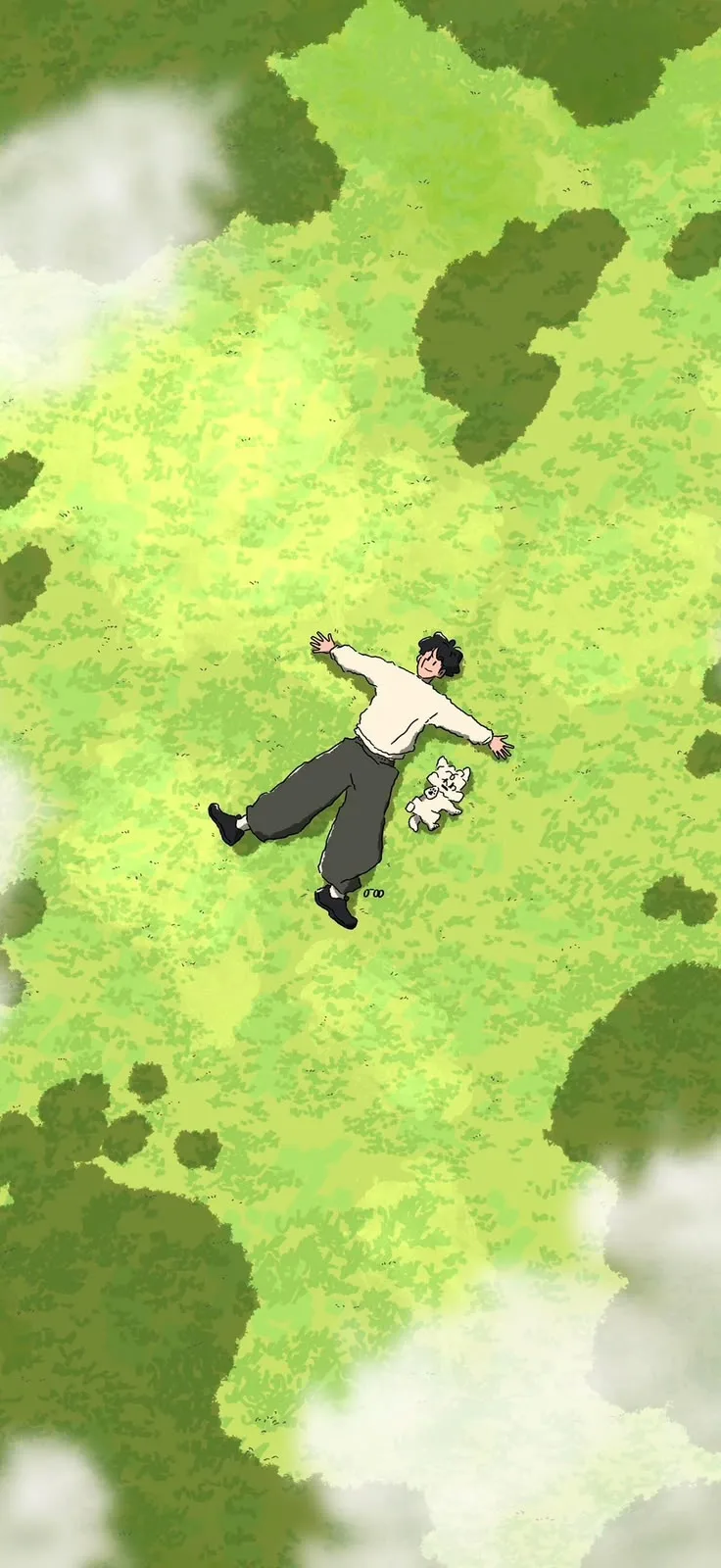 A top-down watercolour illustration: a person lying spread out in a green field beside a small white dog.